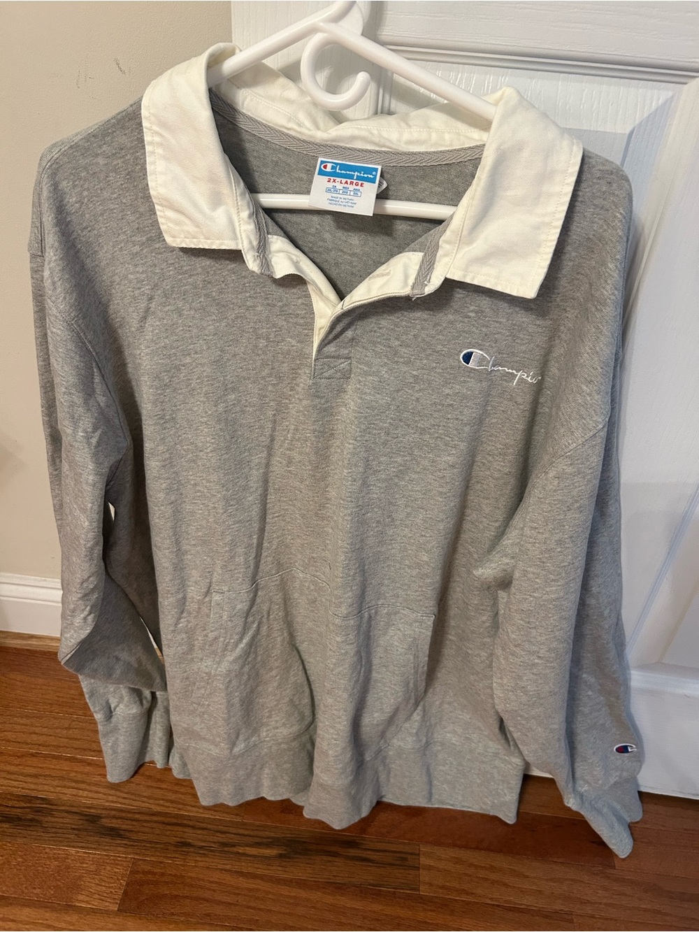 Champion Grey Long-Sleeve Rugby Collar Pullover with White Collar